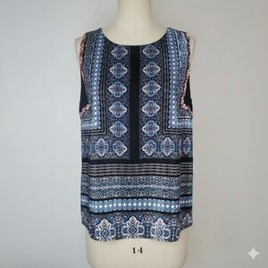 ReneeC. Size L Cami Top Blouse Sleeveless Tank Handkerchief Mandala Boho Blue